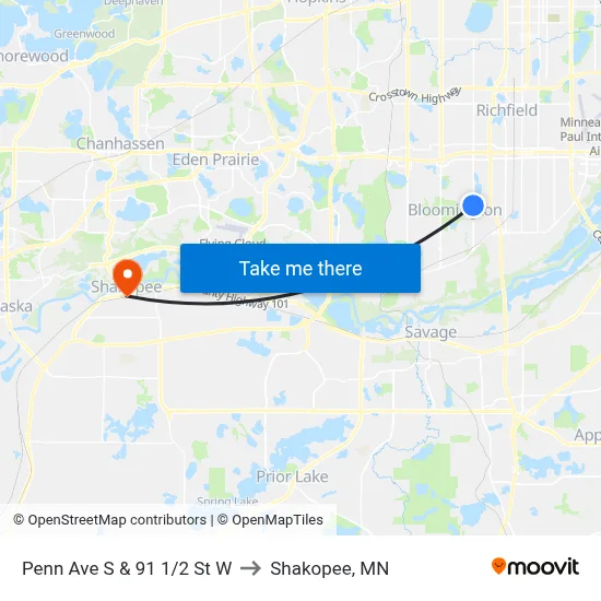 Penn Ave S & 91 1/2 St W to Shakopee, MN map