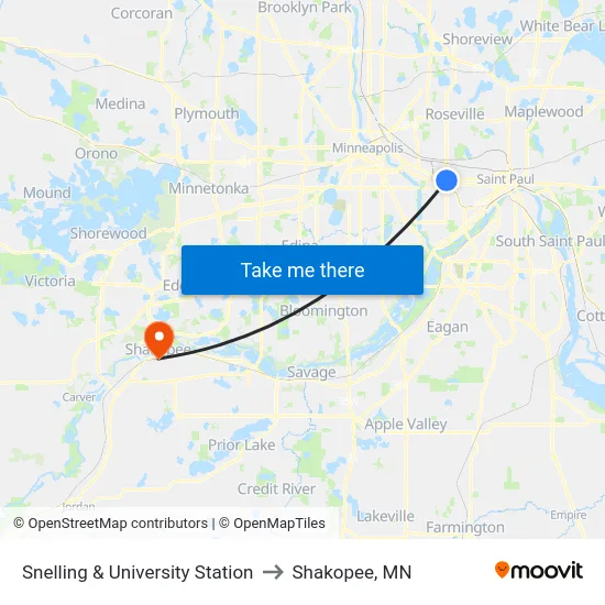 Snelling & University Station to Shakopee, MN map
