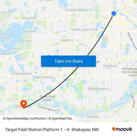 Target Field Station Platform 1 to Shakopee, MN map