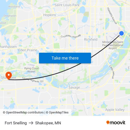 Fort Snelling to Shakopee, MN map