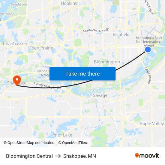 Bloomington Central to Shakopee, MN map