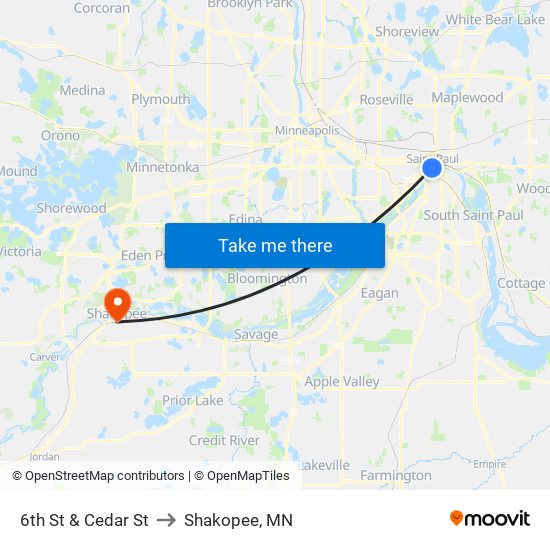 6th St & Cedar St to Shakopee, MN map