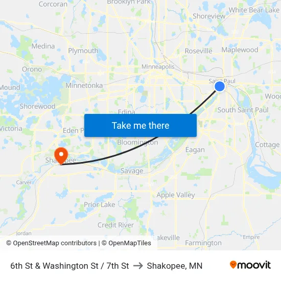 6th St & Washington St / 7th St to Shakopee, MN map