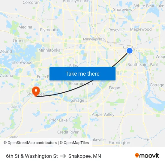 6th St & Washington St to Shakopee, MN map