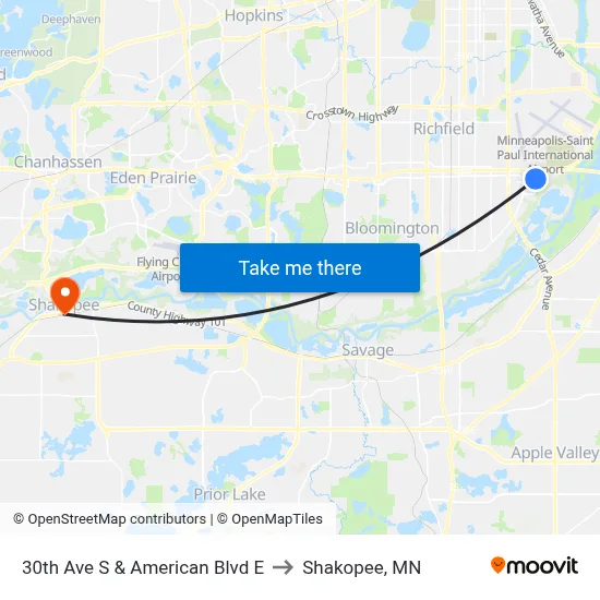30th Ave S & American Blvd E to Shakopee, MN map