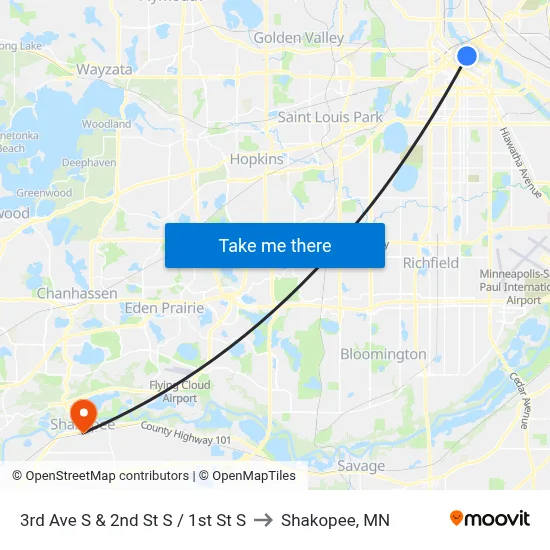3rd Ave S & 2nd St S / 1st St S to Shakopee, MN map