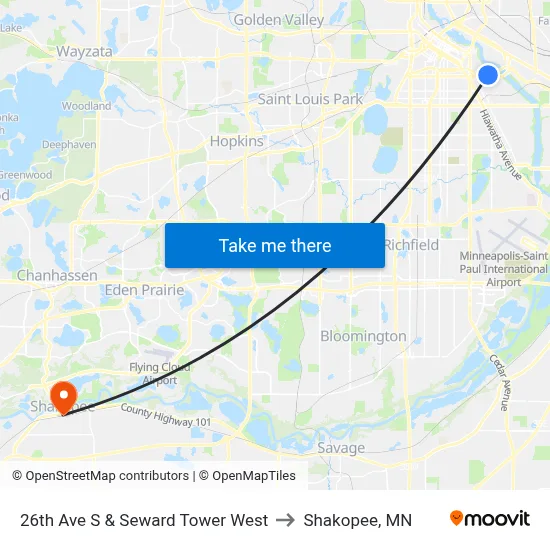 26th Ave S & Seward Tower West to Shakopee, MN map