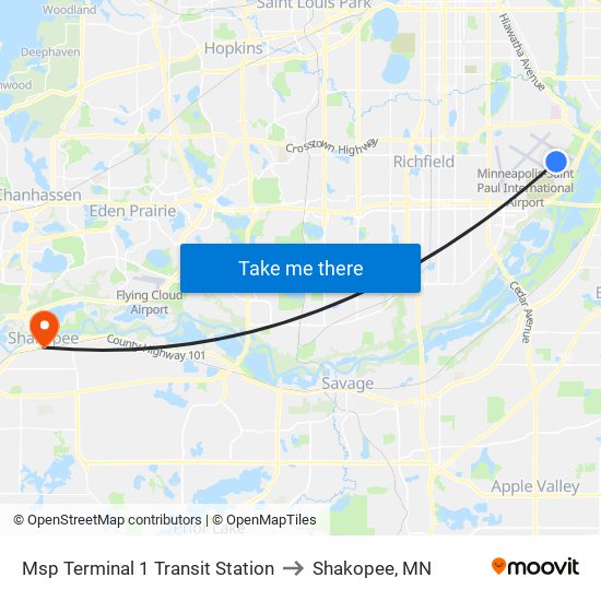 Msp Terminal 1 Transit Station to Shakopee, MN map