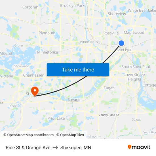 Rice St & Orange Ave to Shakopee, MN map