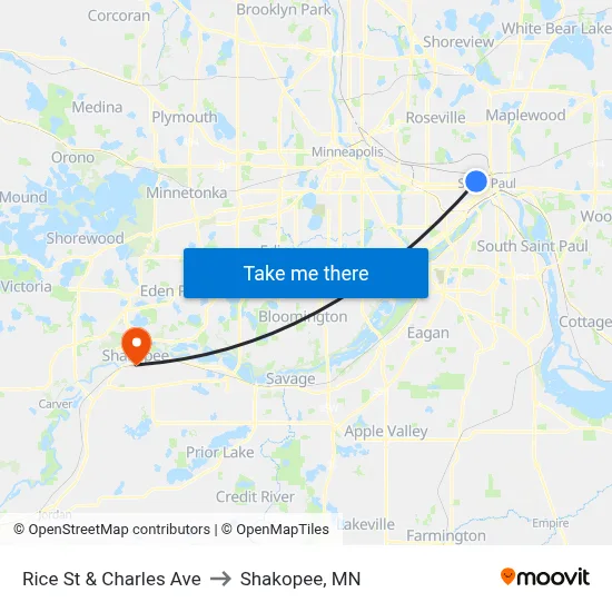 Rice St & Charles Ave to Shakopee, MN map