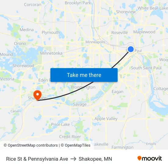 Rice St & Pennsylvania Ave to Shakopee, MN map