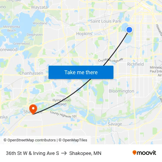 36th St W & Irving Ave S to Shakopee, MN map