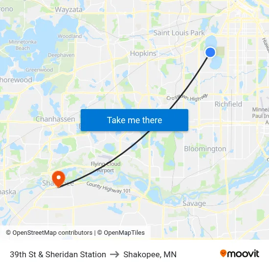 39th St & Sheridan Station to Shakopee, MN map
