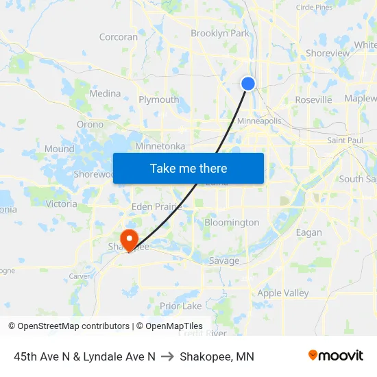 45th Ave N & Lyndale Ave N to Shakopee, MN map
