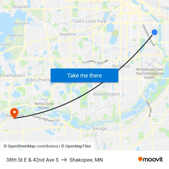 38th St E & 42nd Ave S to Shakopee, MN map