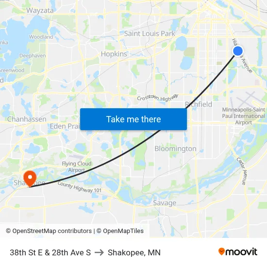 38th St E & 28th Ave S to Shakopee, MN map
