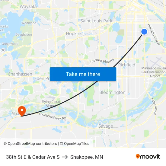 38th St E & Cedar Ave S to Shakopee, MN map