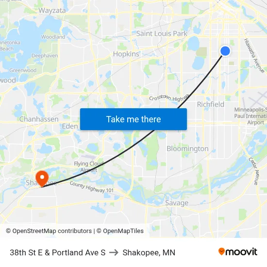 38th St E & Portland Ave S to Shakopee, MN map