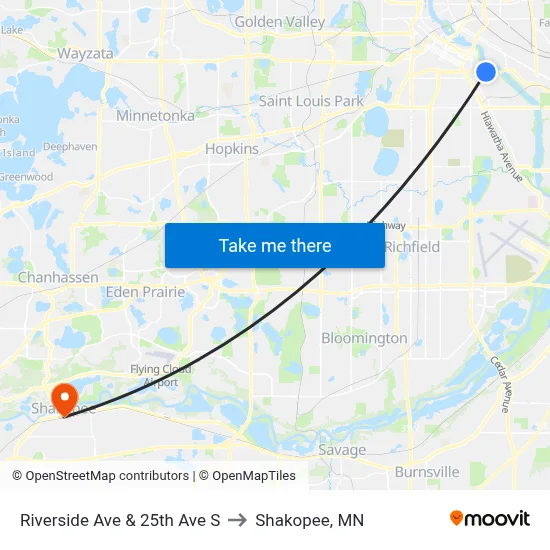 Riverside Ave & 25th Ave S to Shakopee, MN map