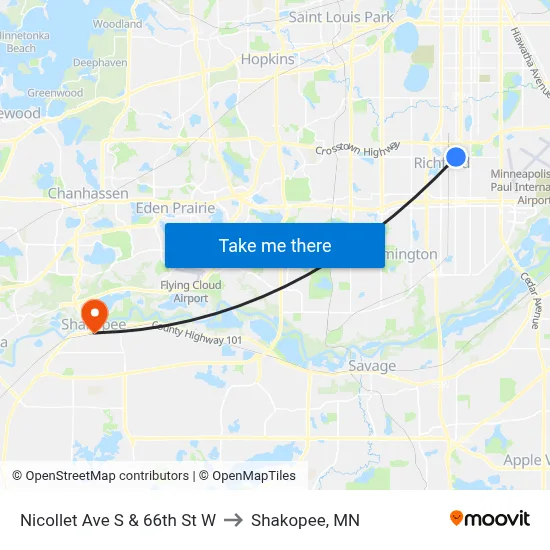Nicollet Ave S & 66th St W to Shakopee, MN map