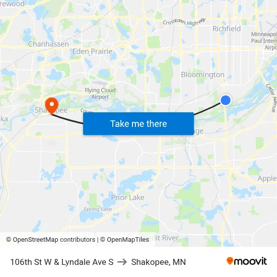 106th St W & Lyndale Ave S to Shakopee, MN map