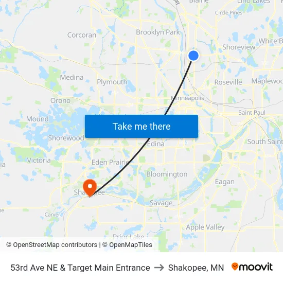 53rd Ave NE & Target Main Entrance to Shakopee, MN map