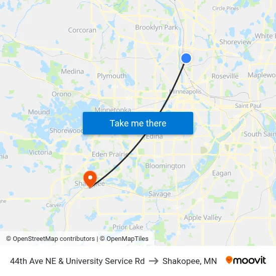 44th Ave NE & University Service Rd to Shakopee, MN map