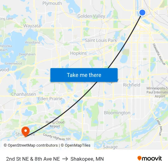 2nd St NE & 8th Ave NE to Shakopee, MN map