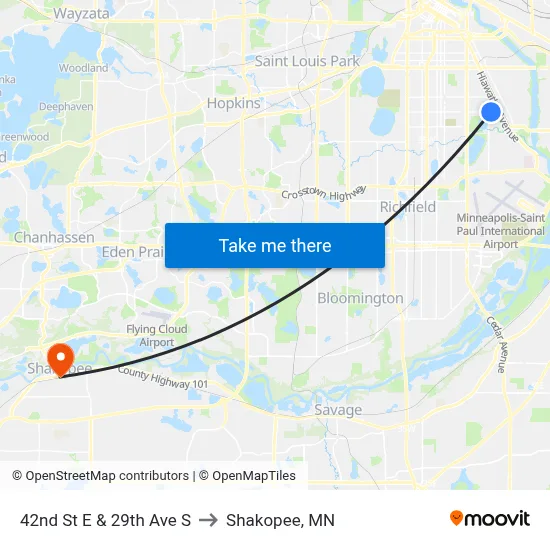 42nd St E & 29th Ave S to Shakopee, MN map