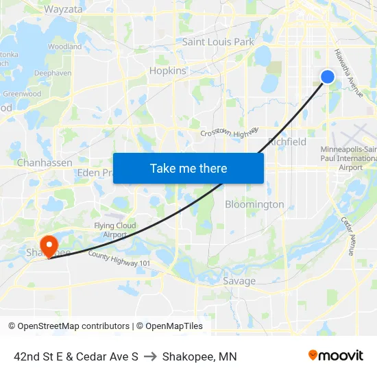 42nd St E & Cedar Ave S to Shakopee, MN map