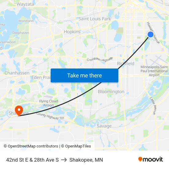 42nd St E & 28th Ave S to Shakopee, MN map