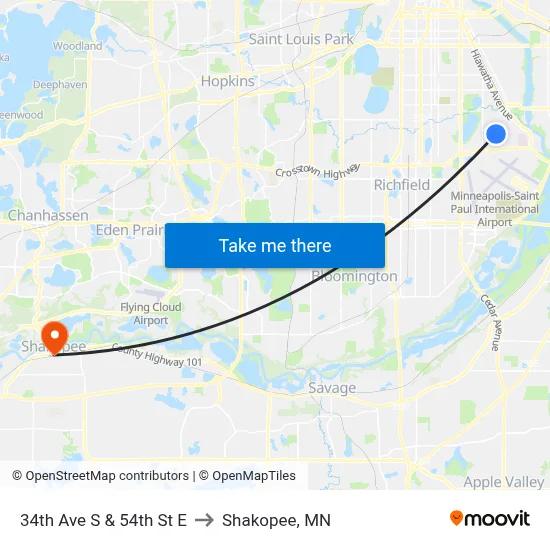 34th Ave S & 54th St E to Shakopee, MN map