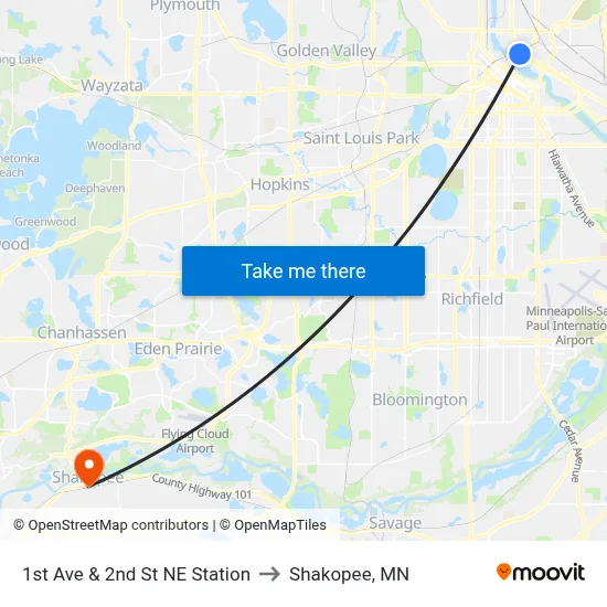 1st Ave & 2nd St NE Station to Shakopee, MN map