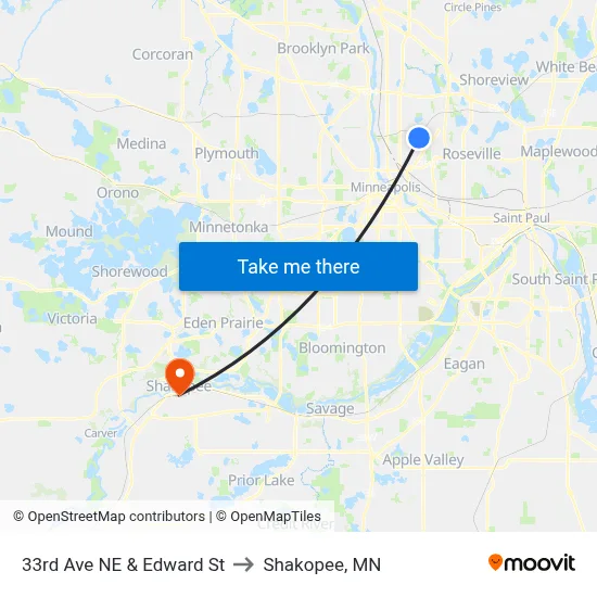 33rd Ave NE & Edward St to Shakopee, MN map