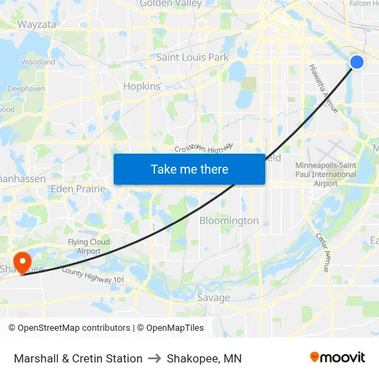 Marshall & Cretin Station to Shakopee, MN map