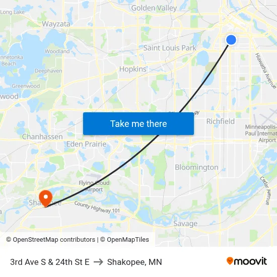 3rd Ave S & 24th St E to Shakopee, MN map