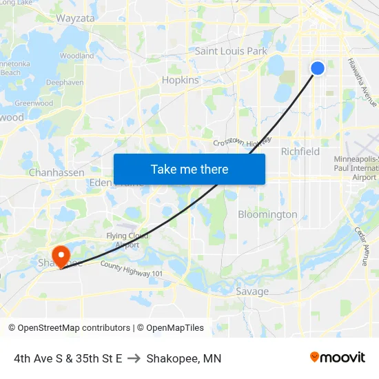 4th Ave S & 35th St E to Shakopee, MN map