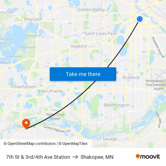 7th St & 3rd/4th Ave Station to Shakopee, MN map