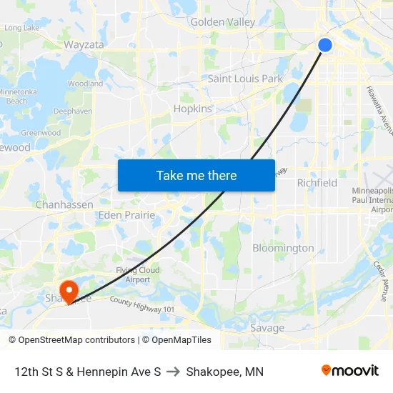 12th St S & Hennepin Ave S to Shakopee, MN map