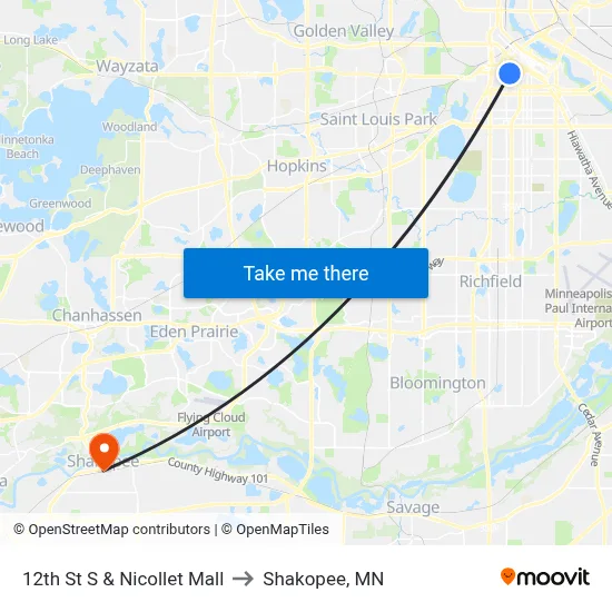 12th St S & Nicollet Mall to Shakopee, MN map