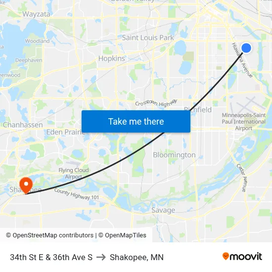 34th St E & 36th Ave S to Shakopee, MN map