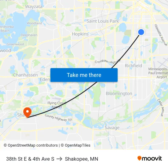 38th St E & 4th Ave S to Shakopee, MN map
