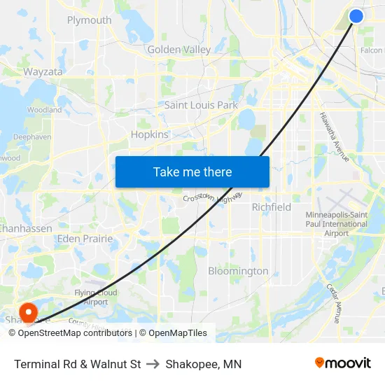 Terminal Rd & Walnut St to Shakopee, MN map