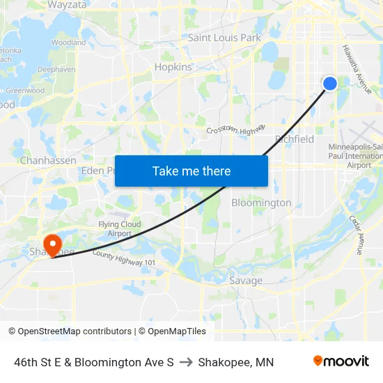 46th St E & Bloomington Ave S to Shakopee, MN map
