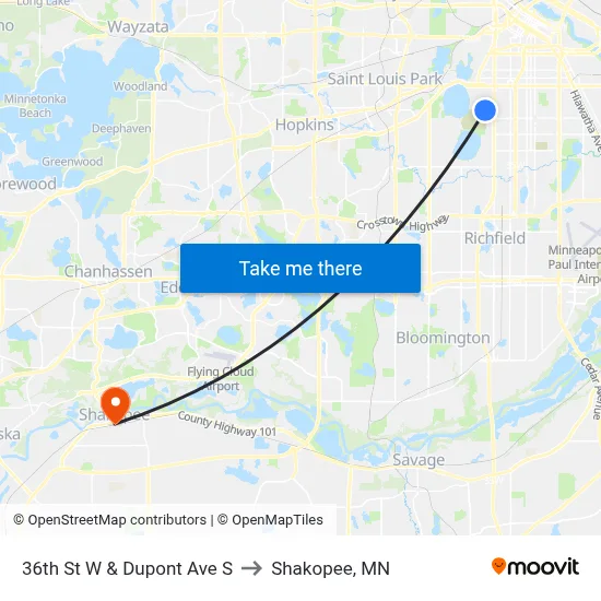 36th St W & Dupont Ave S to Shakopee, MN map
