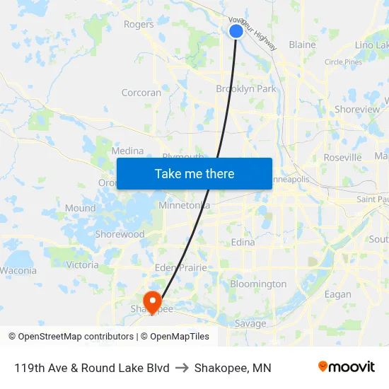 119th Ave & Round Lake Blvd to Shakopee, MN map