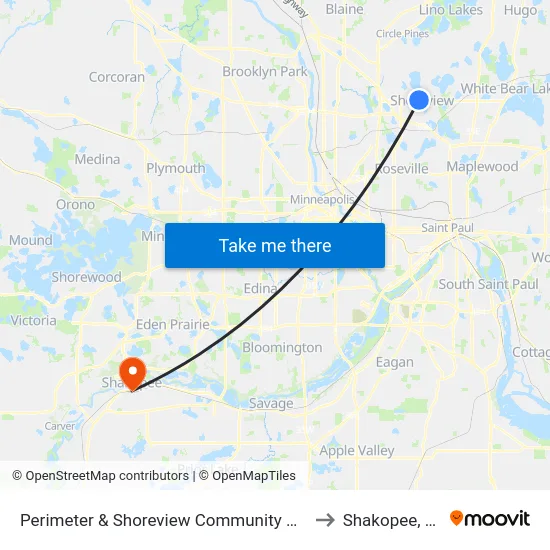 Perimeter & Shoreview Community Center to Shakopee, MN map