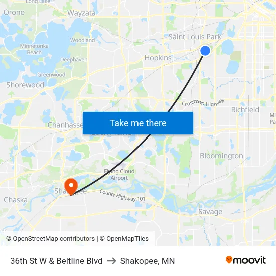 36th St W & Beltline Blvd to Shakopee, MN map