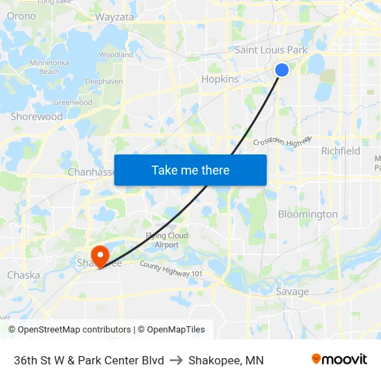 36th St W & Park Center Blvd to Shakopee, MN map