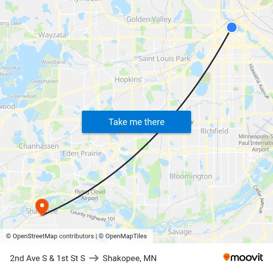2nd Ave S & 1st St S to Shakopee, MN map